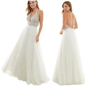 Say Yes To The Prom NWT Ivory Open Back Sleeveless Halter Gown Size 9 NO BELT